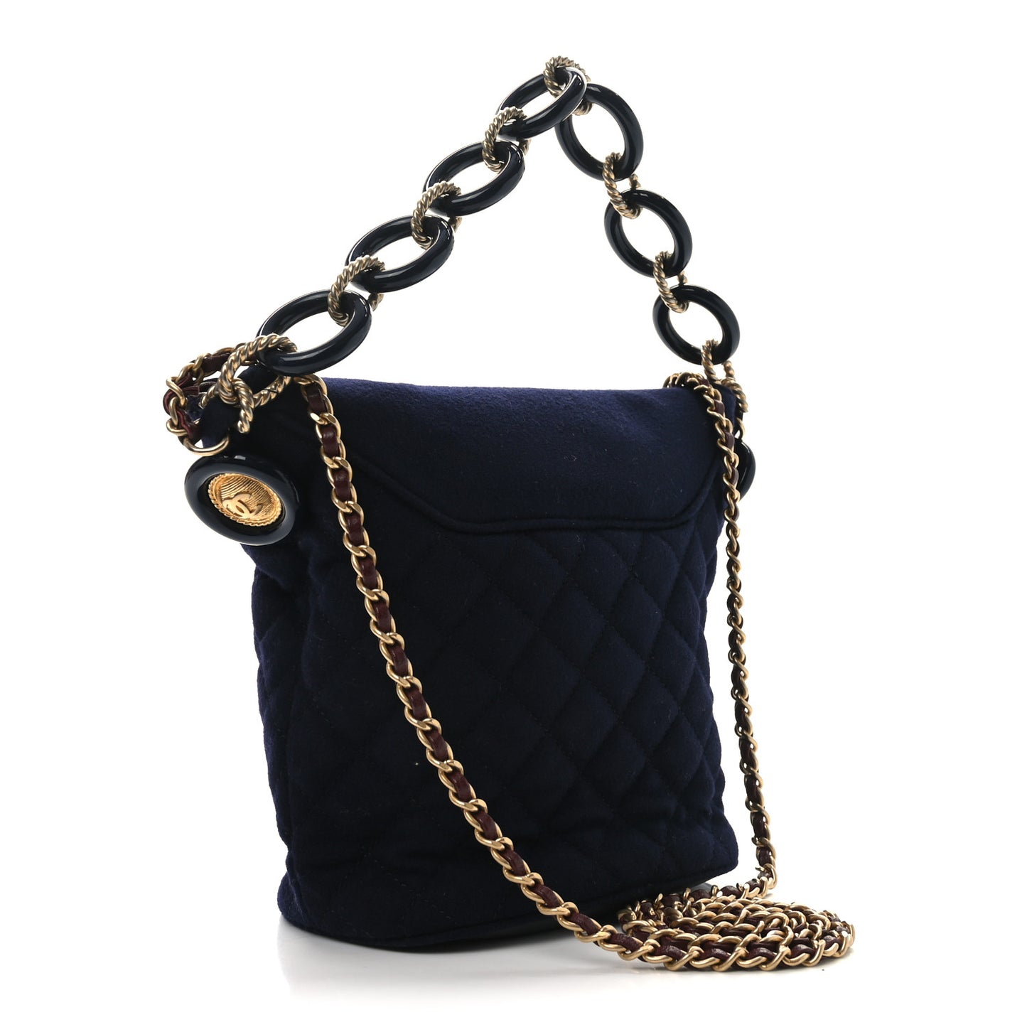 Wool Lambskin Quilted Paris Hamburg Charms Bucket Bag Dark Navy