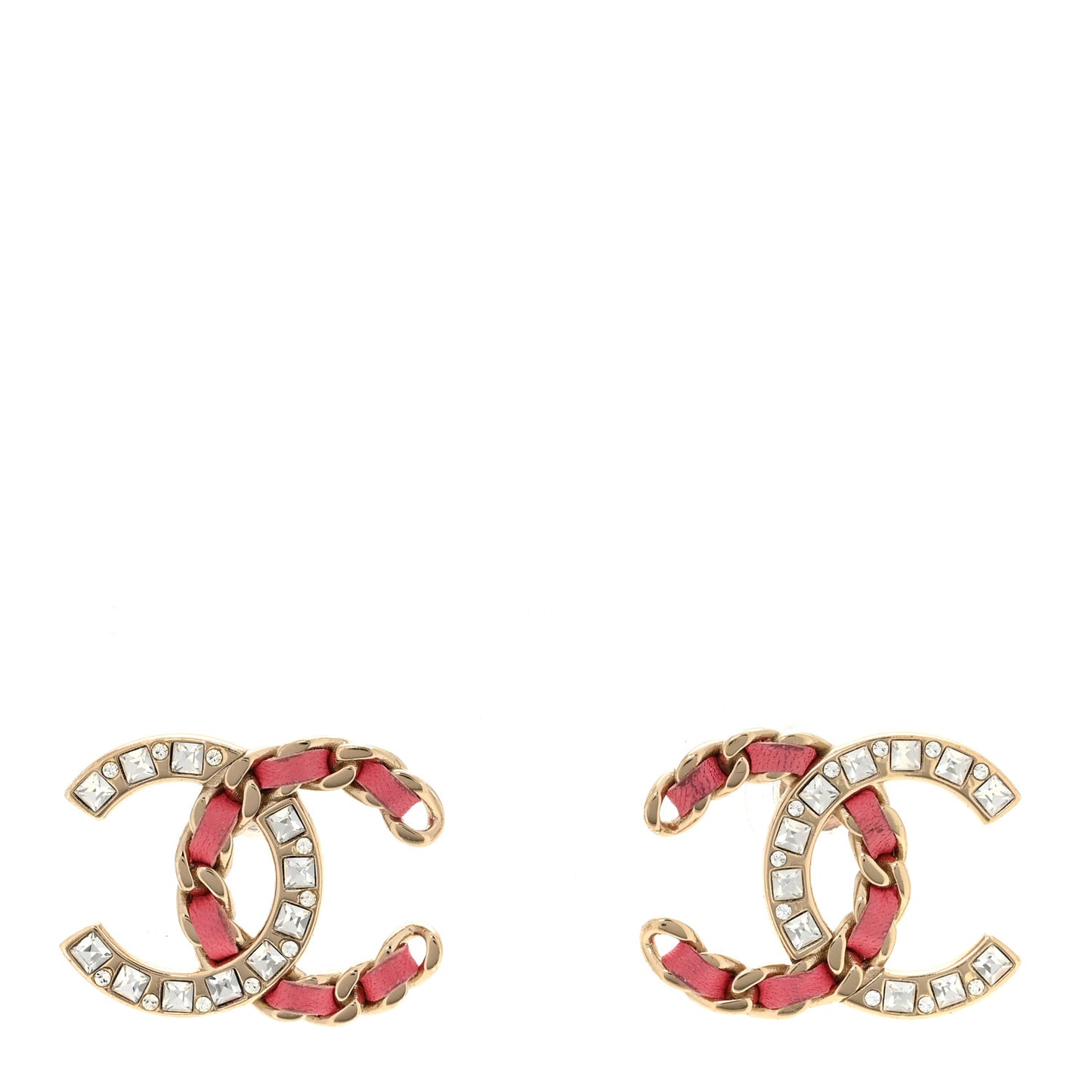 Lambskin Baguette Crystal CC Chain Earrings Pink Gold