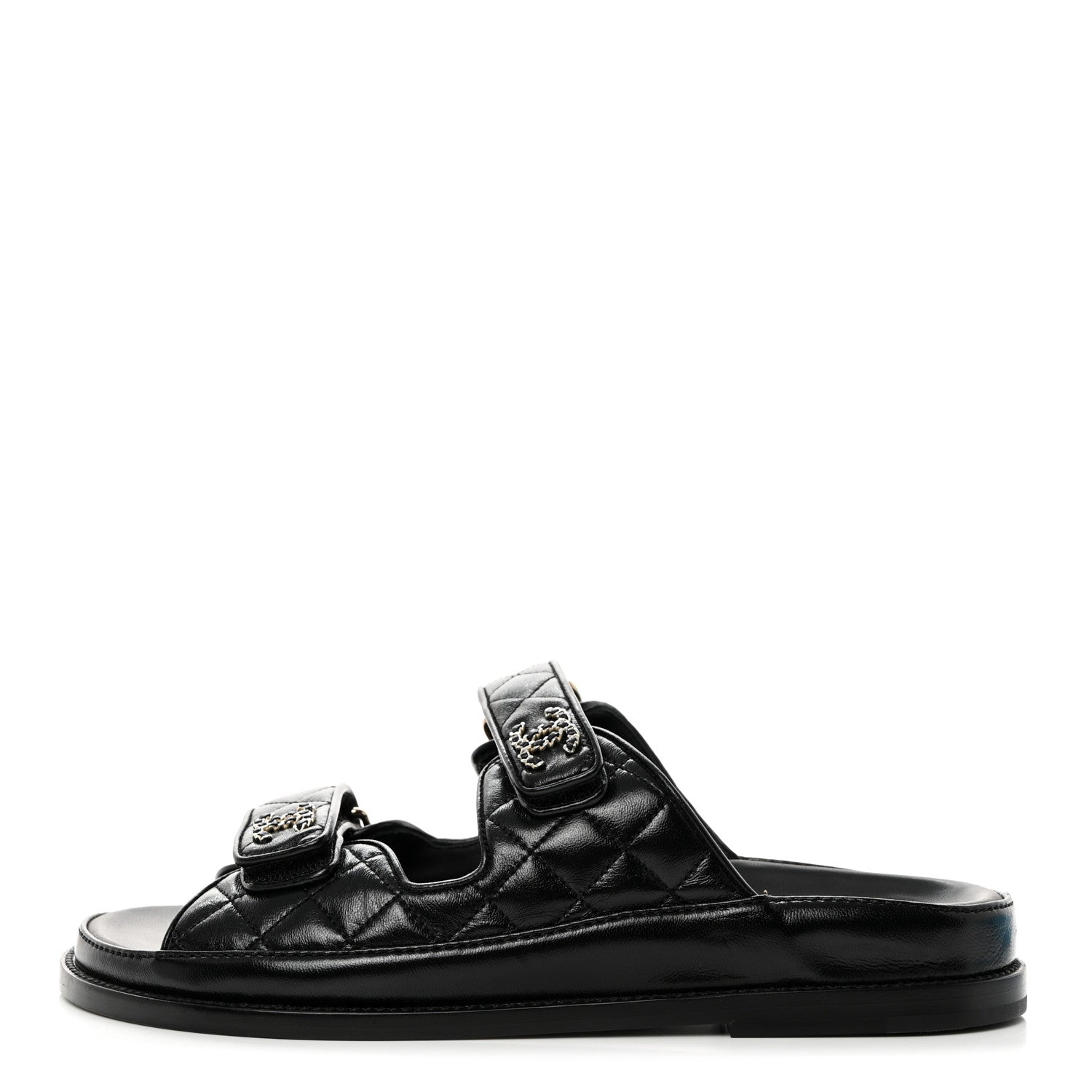 Chanel Lambskin Quilted Velcro Dad Chain CC Slide Sandals 38.5 Black 1 of 9