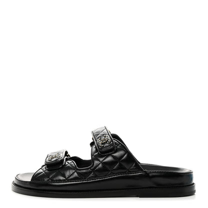 Chanel Lambskin Quilted Velcro Dad Chain CC Slide Sandals 38.5 Black 1 of 9