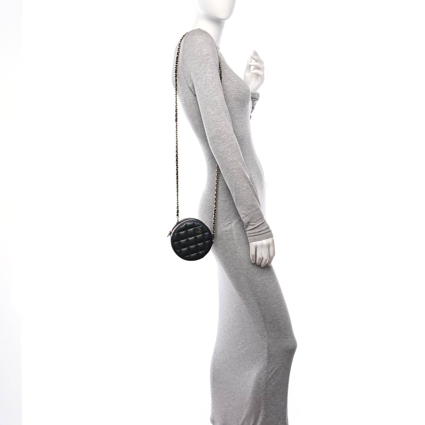 Iridescent Caviar Quilted Round Clutch With Chain Black