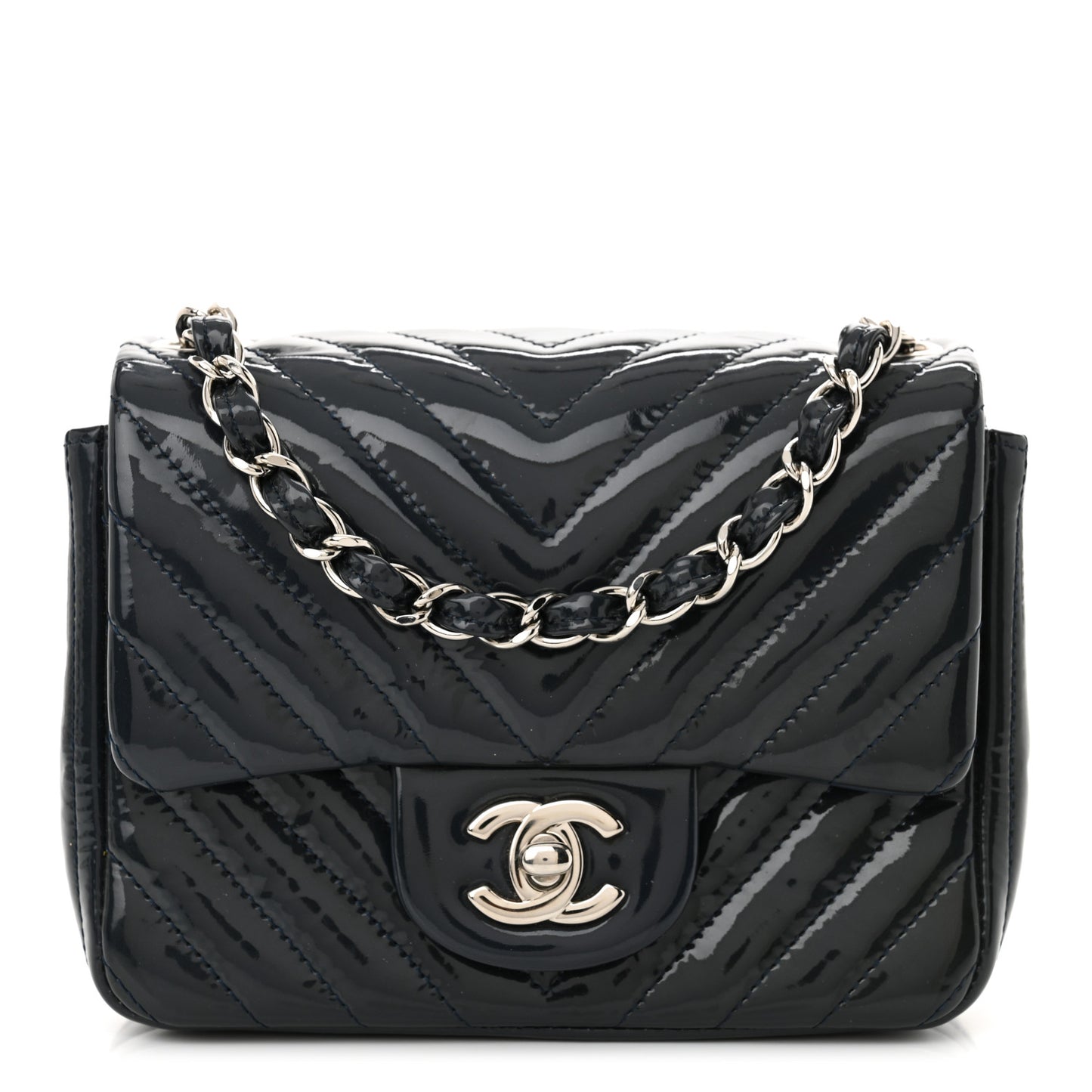 Patent Chevron Quilted Mini Square Flap Dark Blue