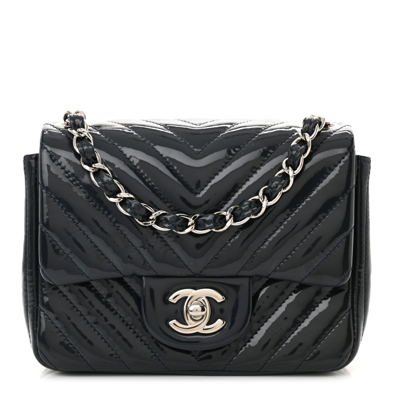 Chanel Patent Chevron Quilted Mini Square Flap Dark Blue 1 of 10