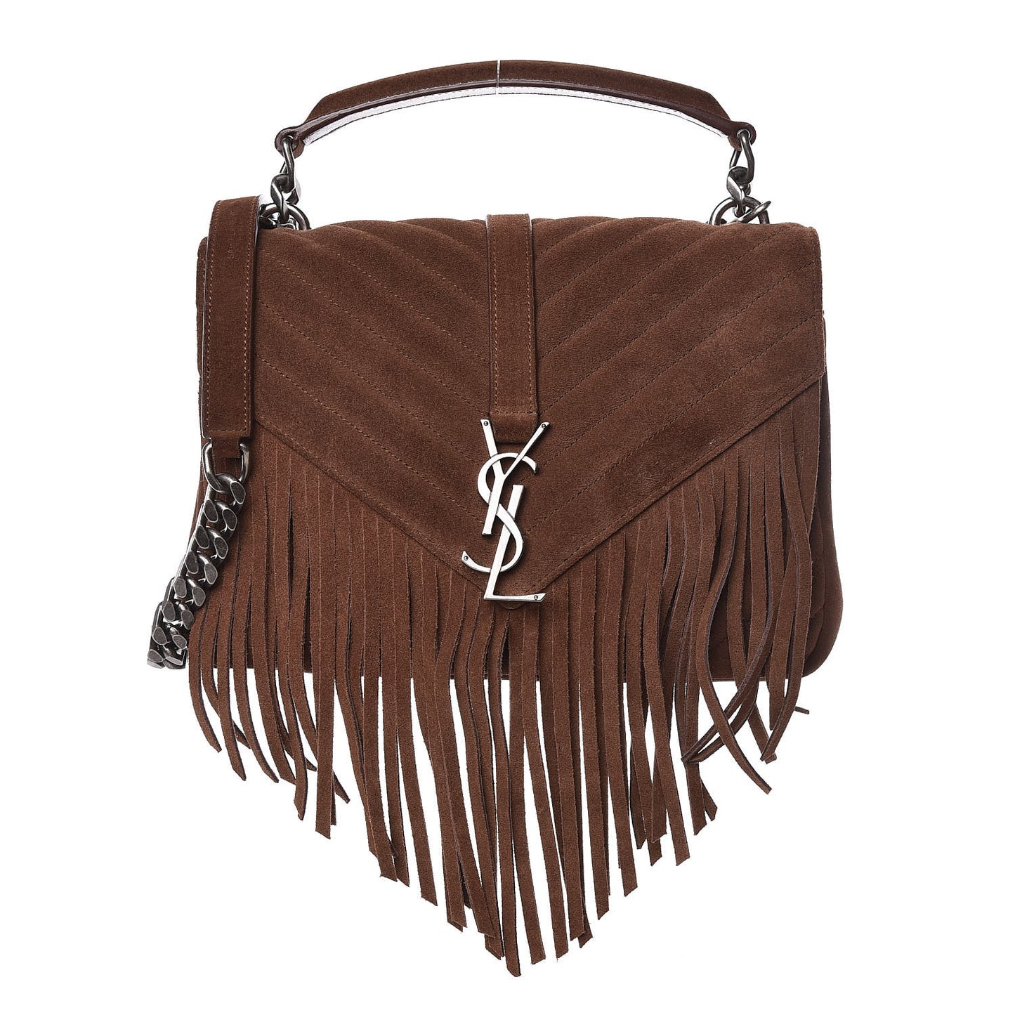 Suede Matelasse Chevron Fringe Monogram Medium College Bag Marron Clair
