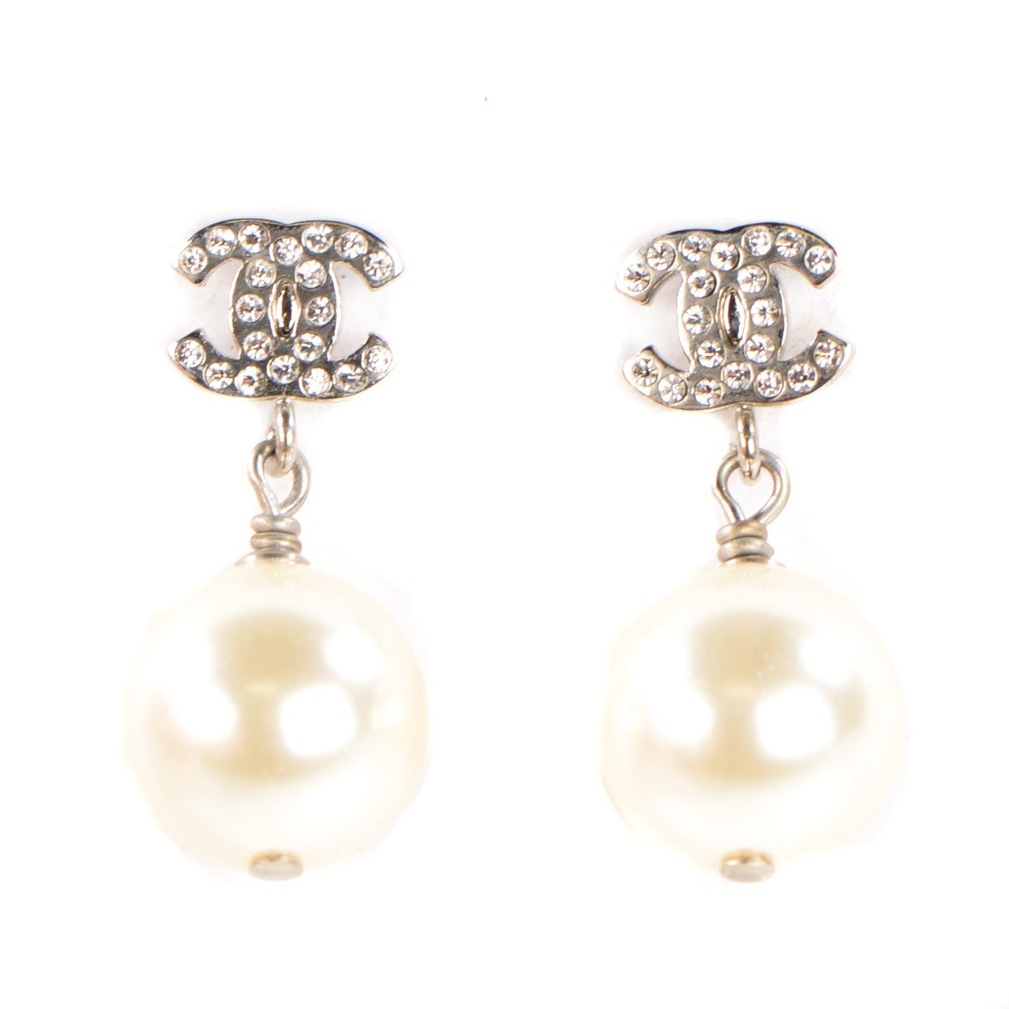 Crystal Pearl CC Drop Earrings Silver