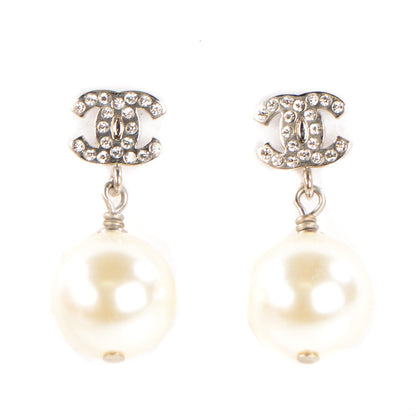 Chanel Crystal Pearl CC Drop Earrings Silver 1 of 5