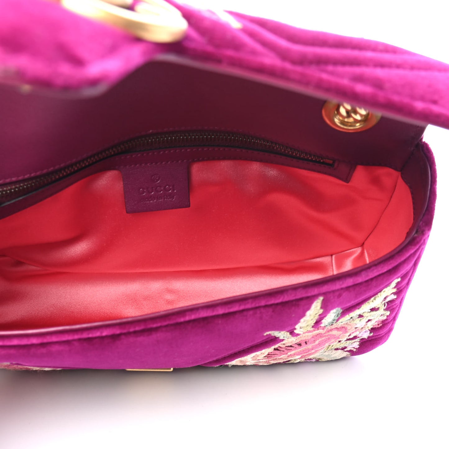 Velvet Matelasse Embroidered Small GG Marmont Shoulder Bag Fuchsia Violet Cyclamen