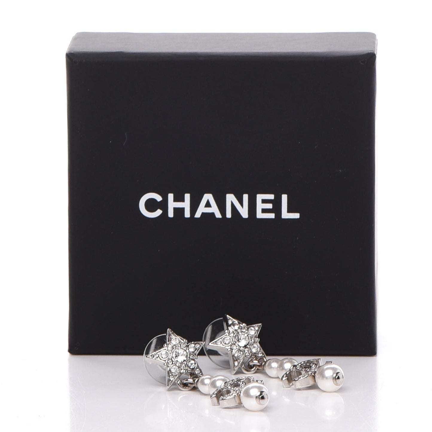 Crystal Pearl CC Star Drop Earrings Silver