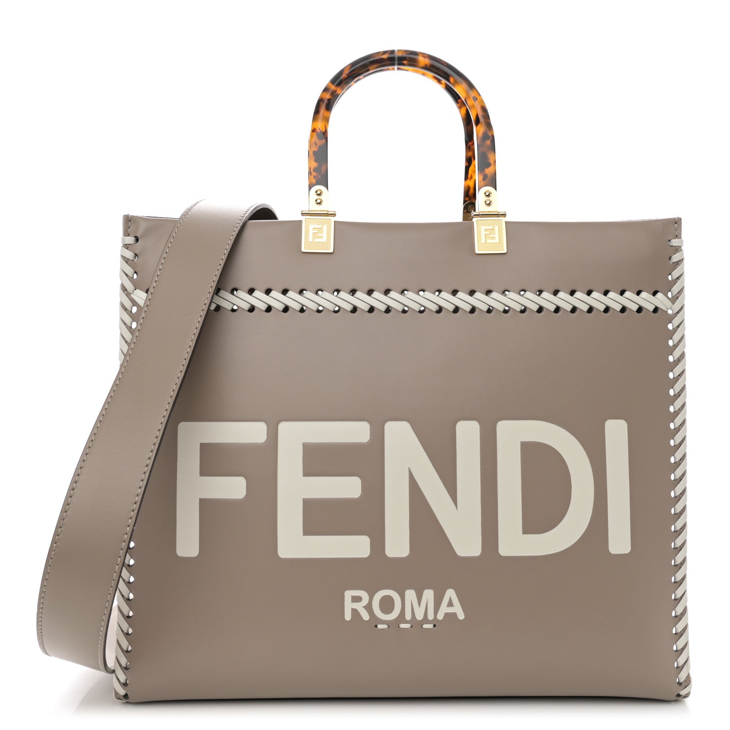Fendi Vitello King Ceylon Plexiglass Woven Logo Debossed Medium Fendi Sunshine Shopper Tote Tortora 1 of 14