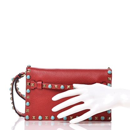 Valentino Garavani Grained Calfskin Turquoise Small Rockstud Rolling Wristlet Clutch Rosso Valentino 2 of 9