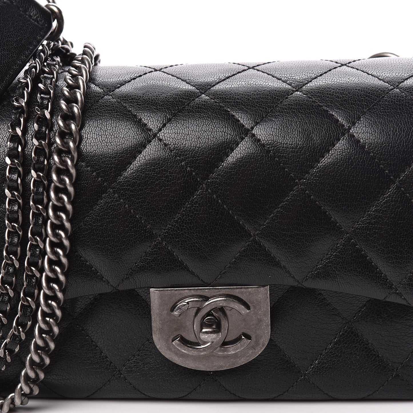 Shiny Goatskin Quilted Small Double Carry Waist Chain Flap Black
