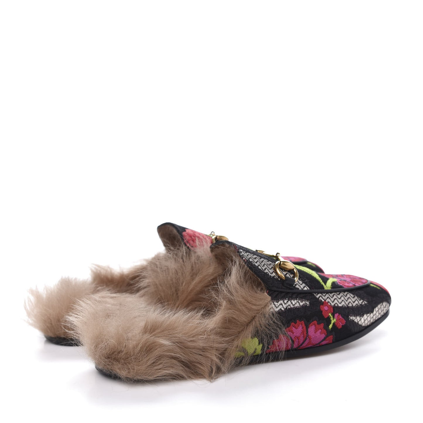Brocade Fur Floral Womens Princetown Slippers 35 Black Anthracite