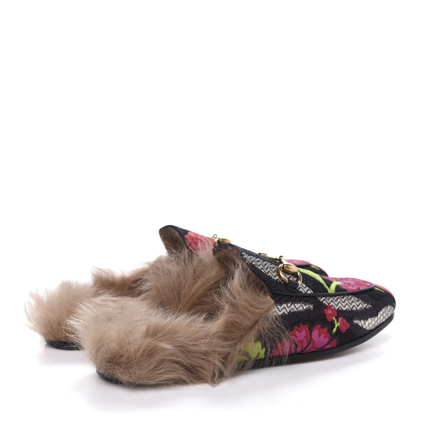 Gucci Brocade Fur Floral Womens Princetown Slippers 35 Black Anthracite 4 of 8