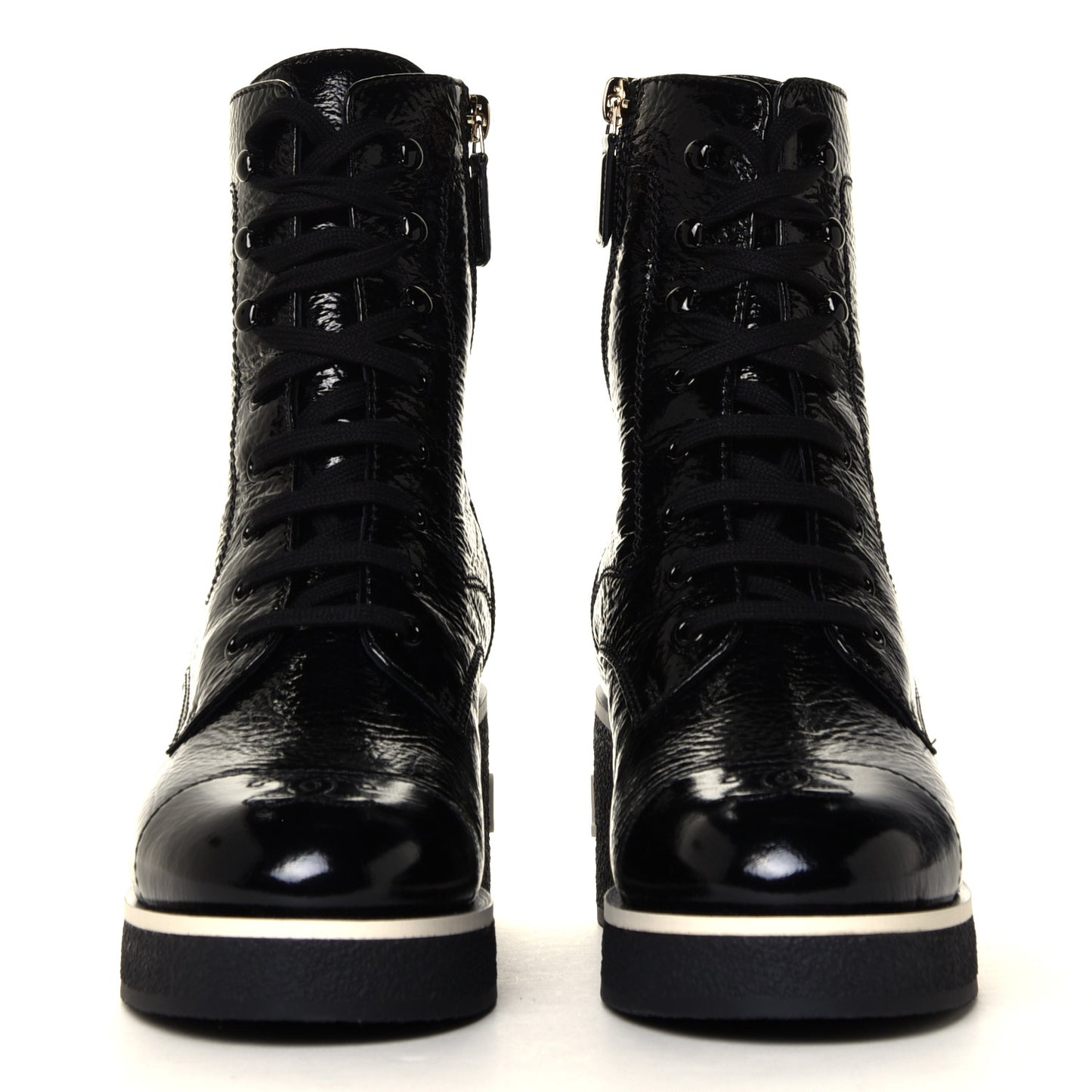 Shiny Crumpled Lambskin Lace Up Combat Boots 38.5 Black