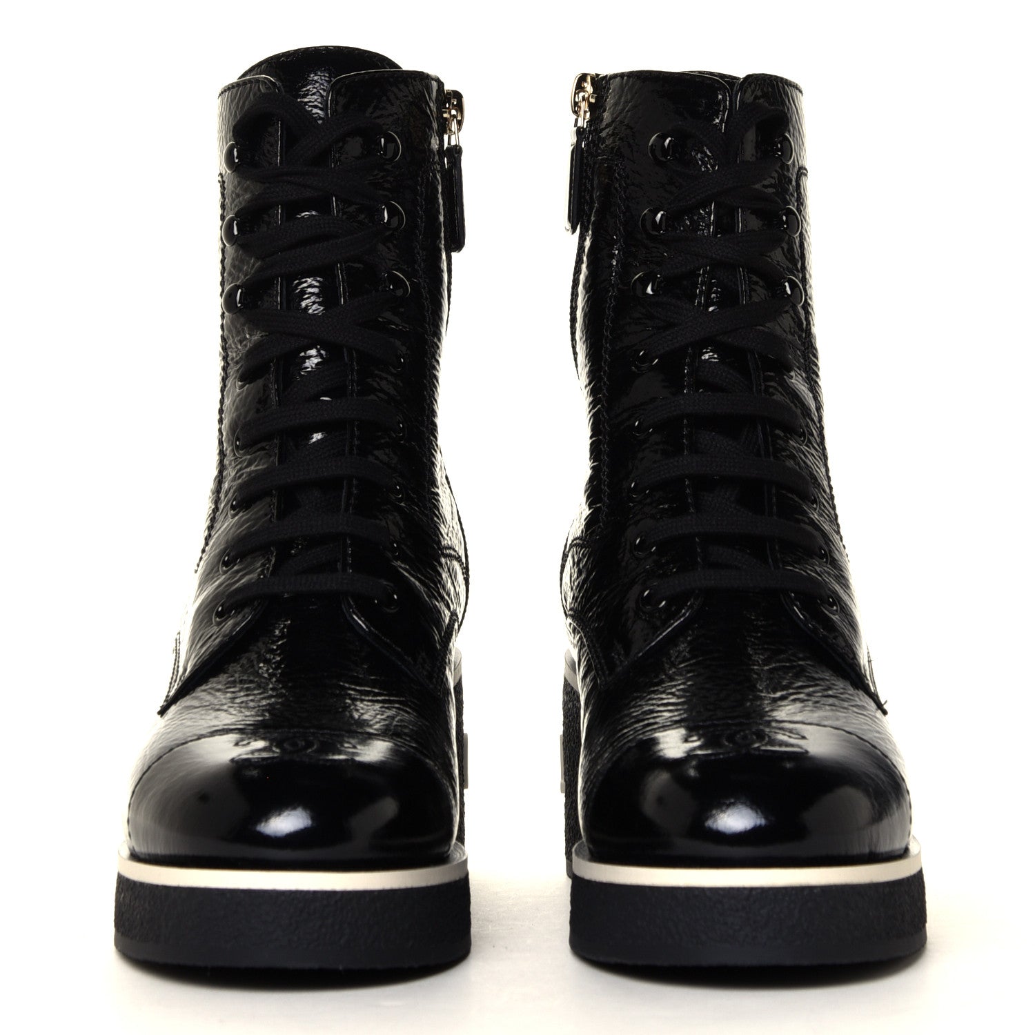Chanel Shiny Crumpled Lambskin Lace Up Combat Boots 38.5 Black 4 of 12