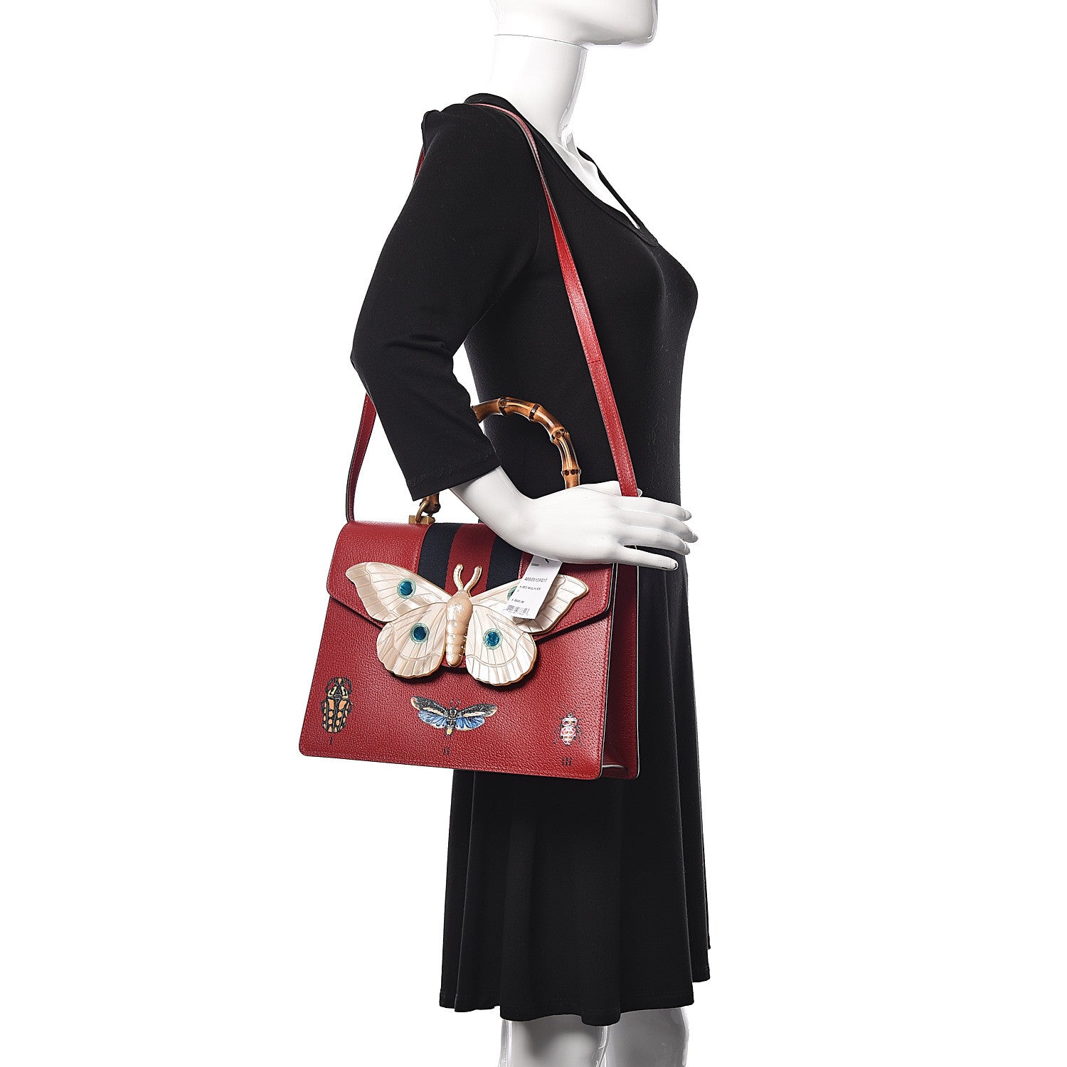 Gucci Calfskin Bamboo Web Medium Falena Moth Top Handle Bag Hibiscus Red 2 of 10