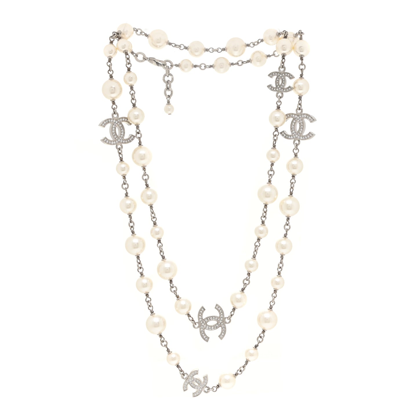 Crystal Pearl CC Long Necklace Silver