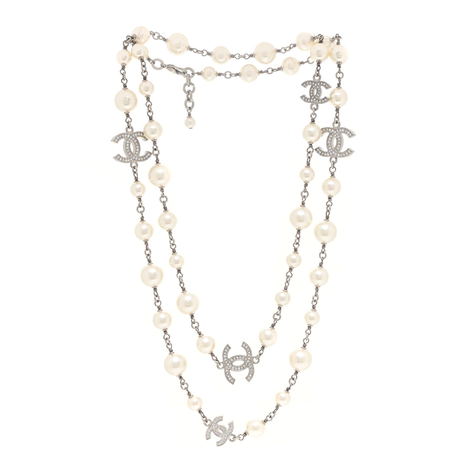 Chanel Crystal Pearl CC Long Necklace Silver 3 of 5