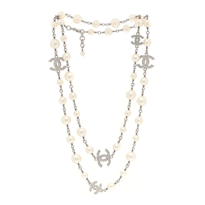 Chanel Crystal Pearl CC Long Necklace Silver 3 of 5