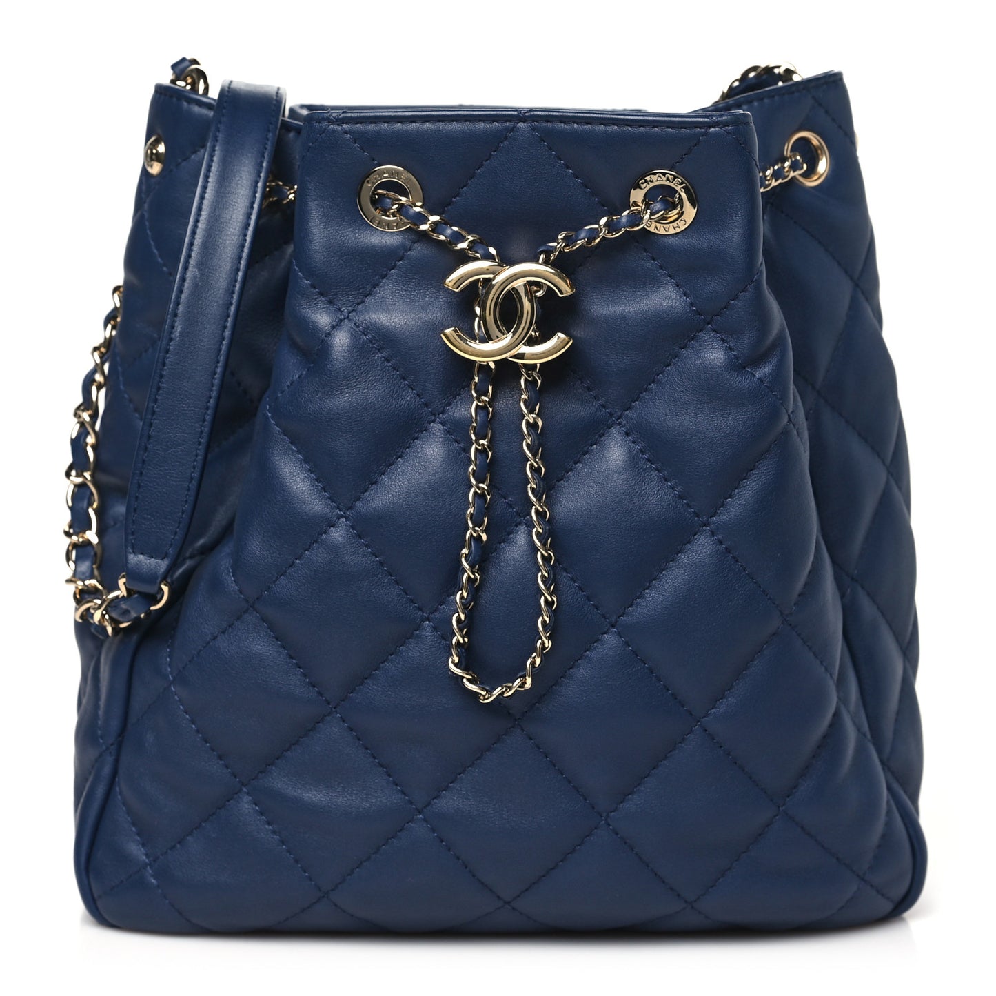 Lambskin Quilted Chain Drawstring Bag Navy Blue