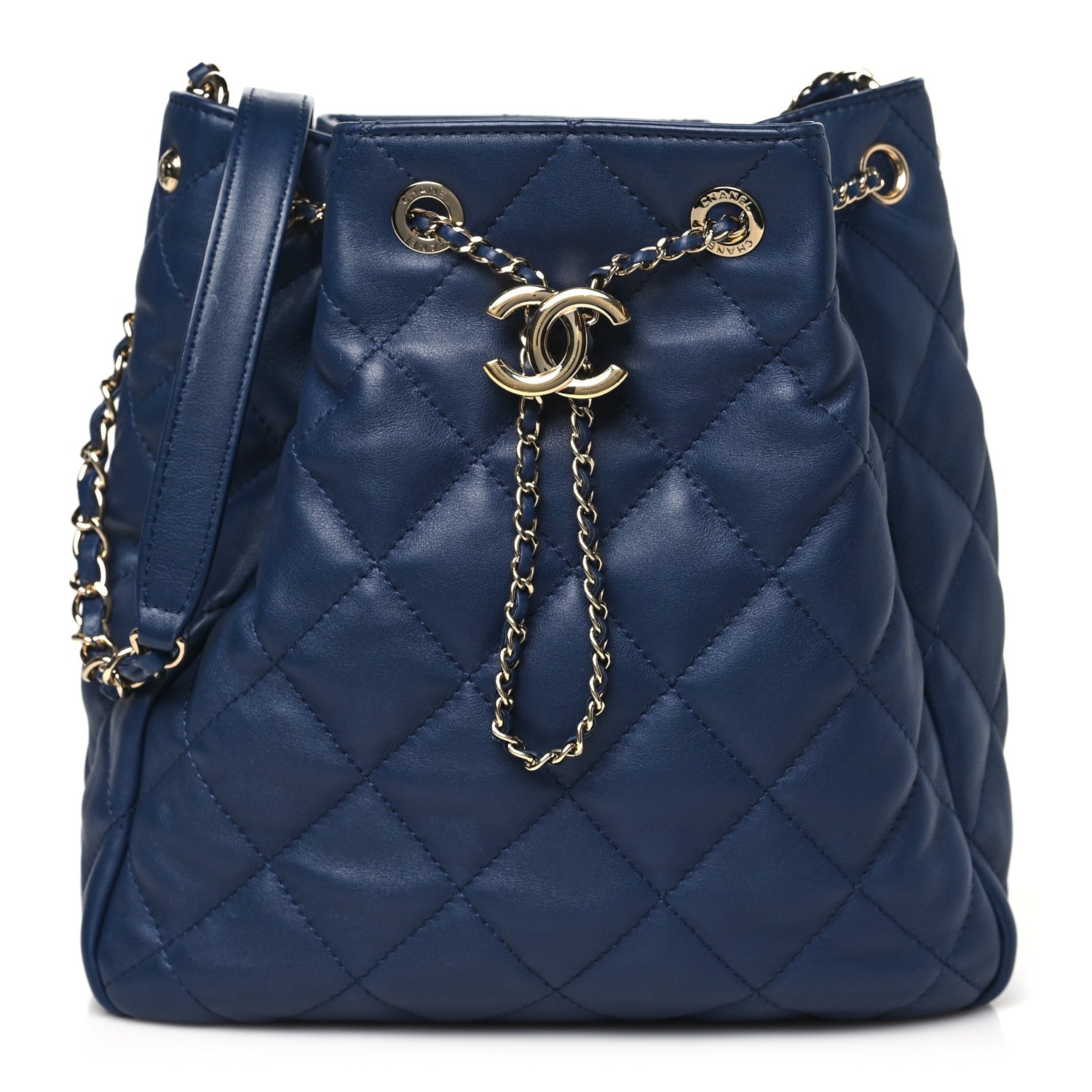 Chanel Lambskin Quilted Chain Drawstring Bag Navy Blue 1 of 10