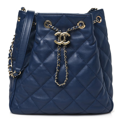 Chanel Lambskin Quilted Chain Drawstring Bag Navy Blue 1 of 10