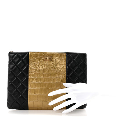 Chanel Lambskin Metallic Calfskin Quilted Crocodile Embossed Clutch 2.55 Reissue Cosmetic Case Gold 2 of 6