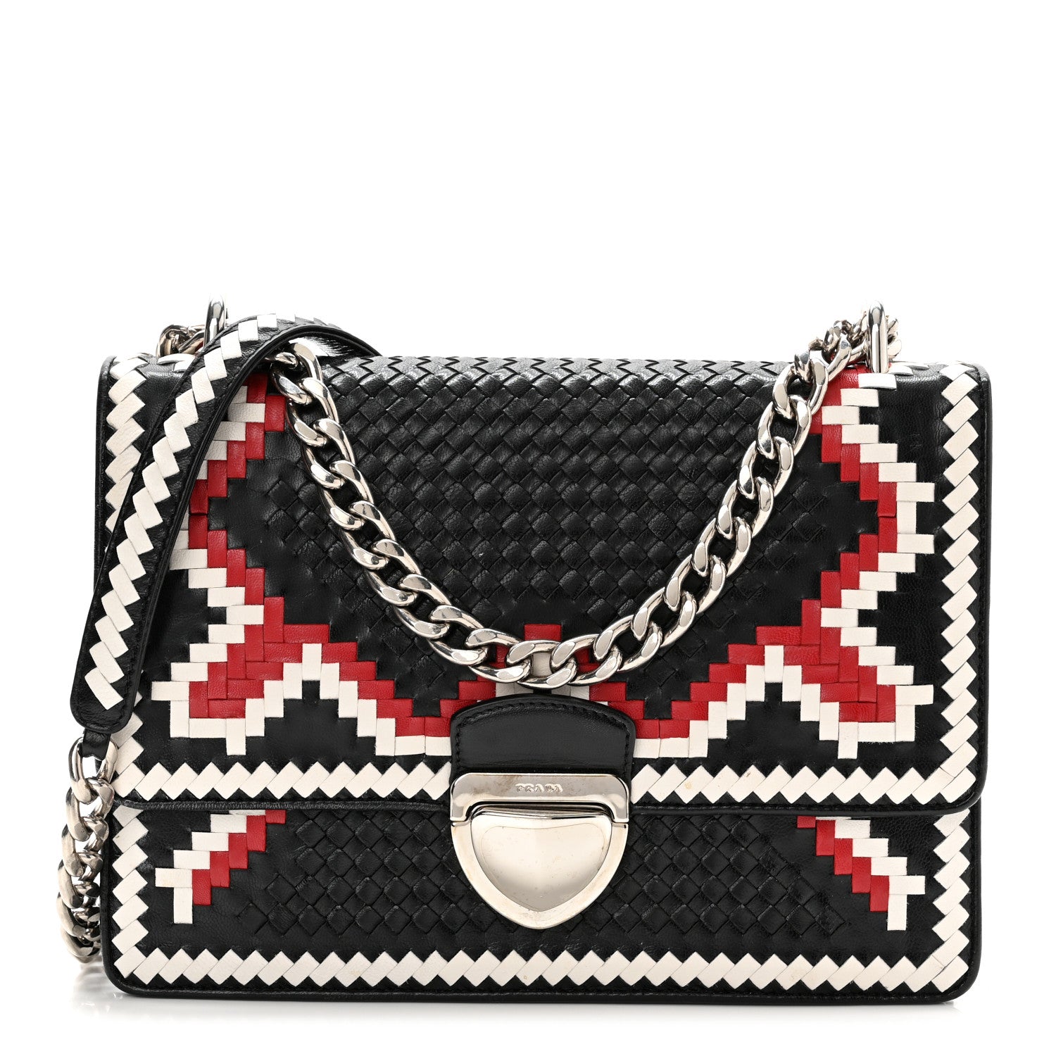 Prada Madras Woven Shoulder Bag Black Fuoco White 1 of 10