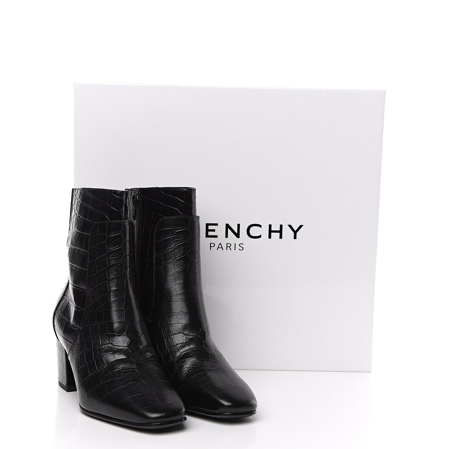 Calfskin Crocodile Embossed Ankle Boots 36 Black
