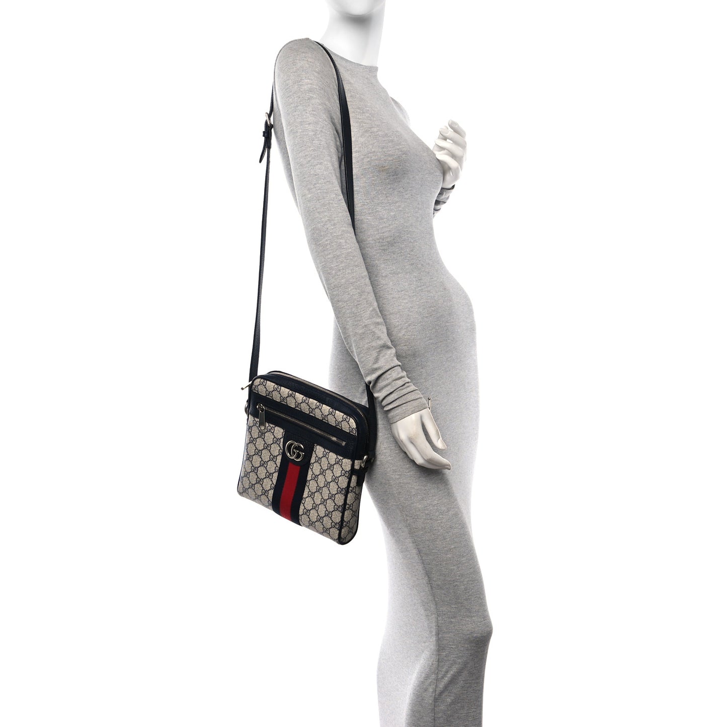 GG Supreme Monogram Textured Dollar Calfskin Web Small Ophidia Messenger Bag Beige Blue