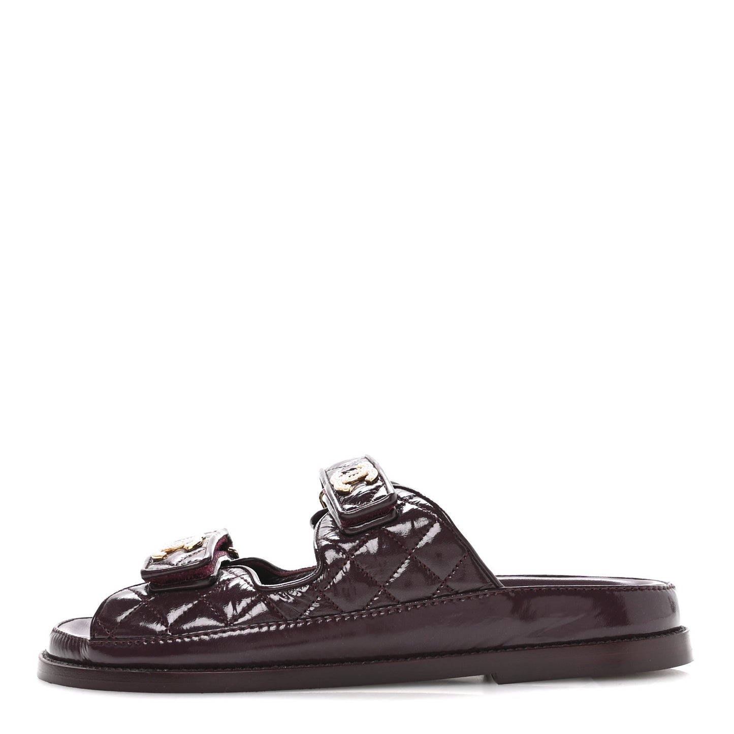 Shiny Calfskin Quilted Velcro Dad Pearl CC Slide Sandals  40 Burgundy