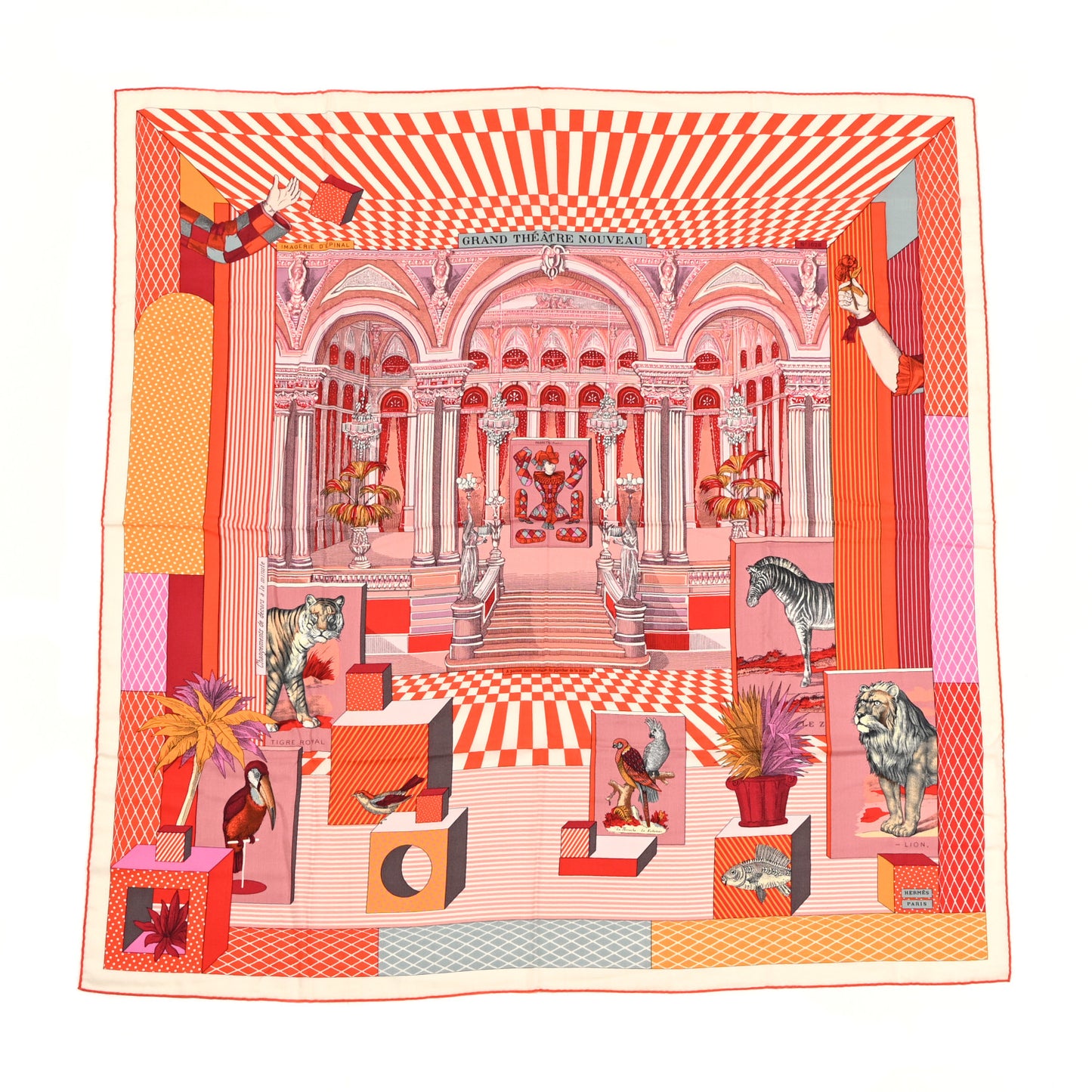 Cashmere Silk Grand Theatre Nouveau Shawl 140 Vieux Rose Corail Vermillon