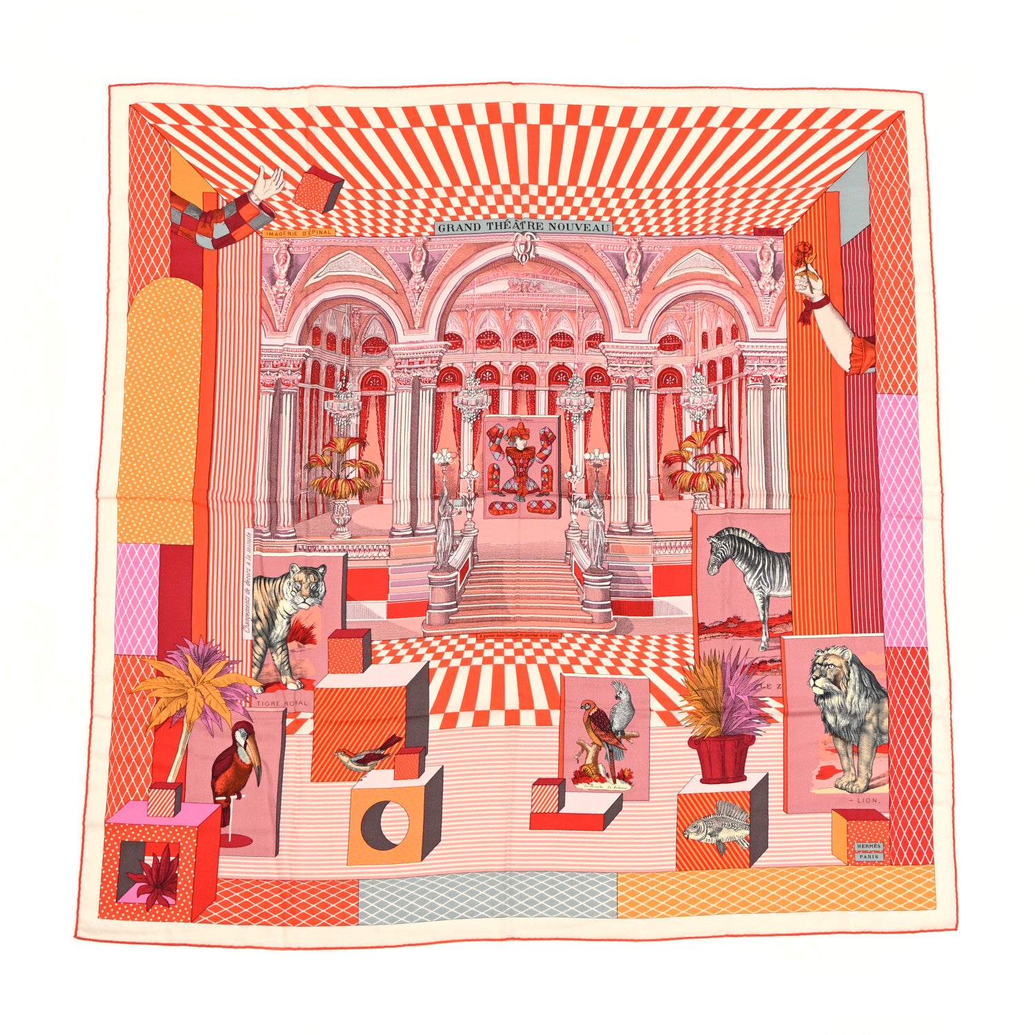 Hermes Cashmere Silk Grand Theatre Nouveau Shawl 140 Vieux Rose Corail Vermillon 1 of 5
