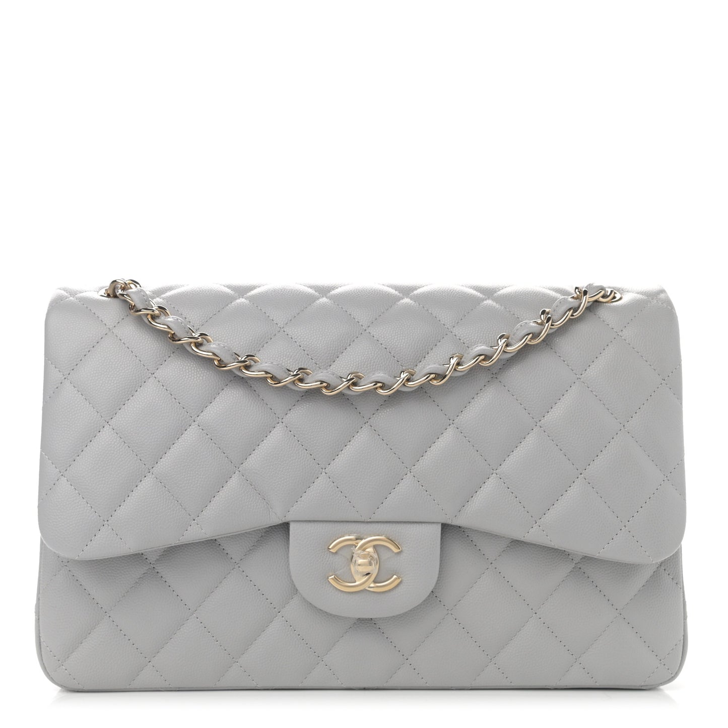 Caviar Quilted Jumbo Double Flap Light Grey