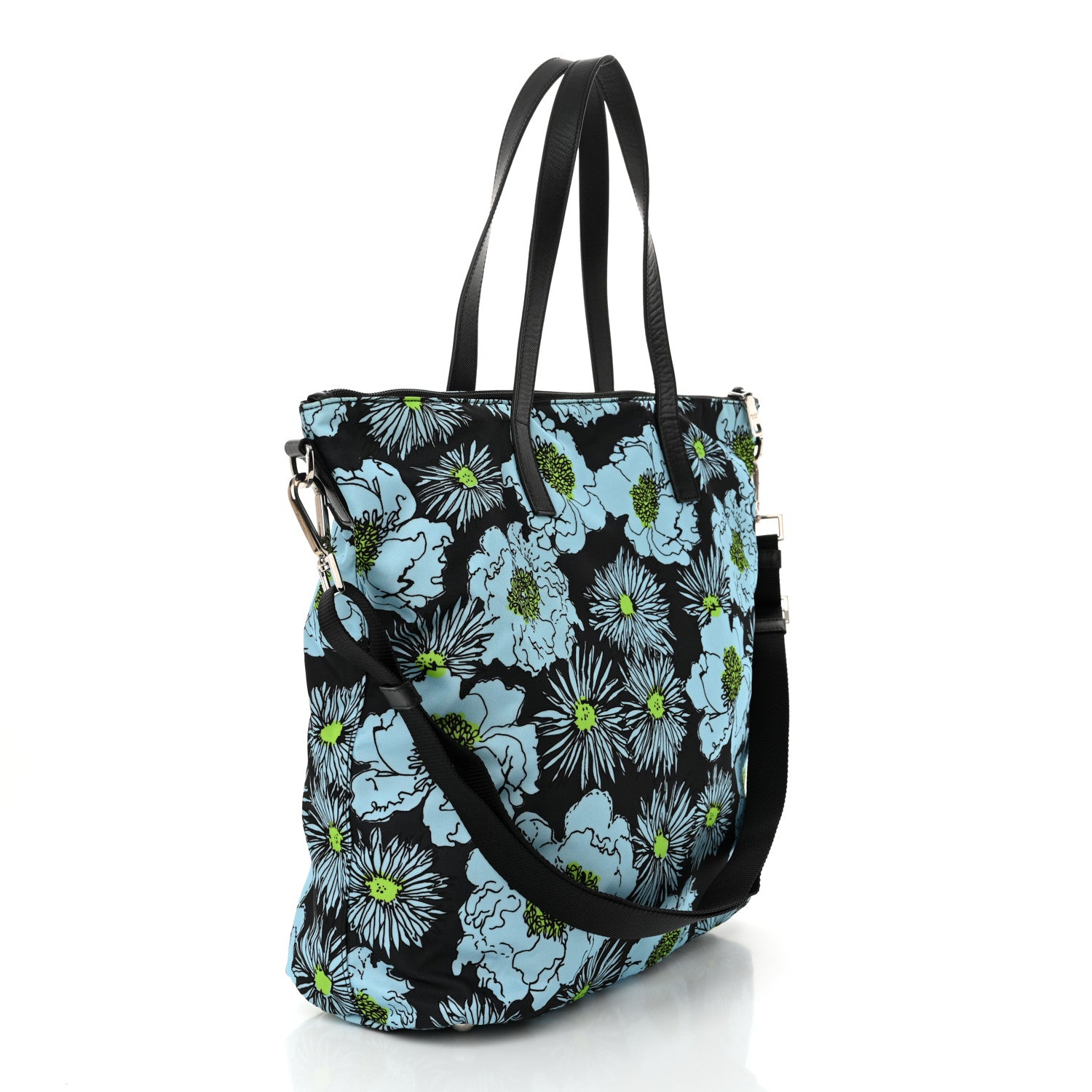 Prada Tessuto Nylon Saffiano Floral Print Tote Black Blue Multicolor 3 of 14