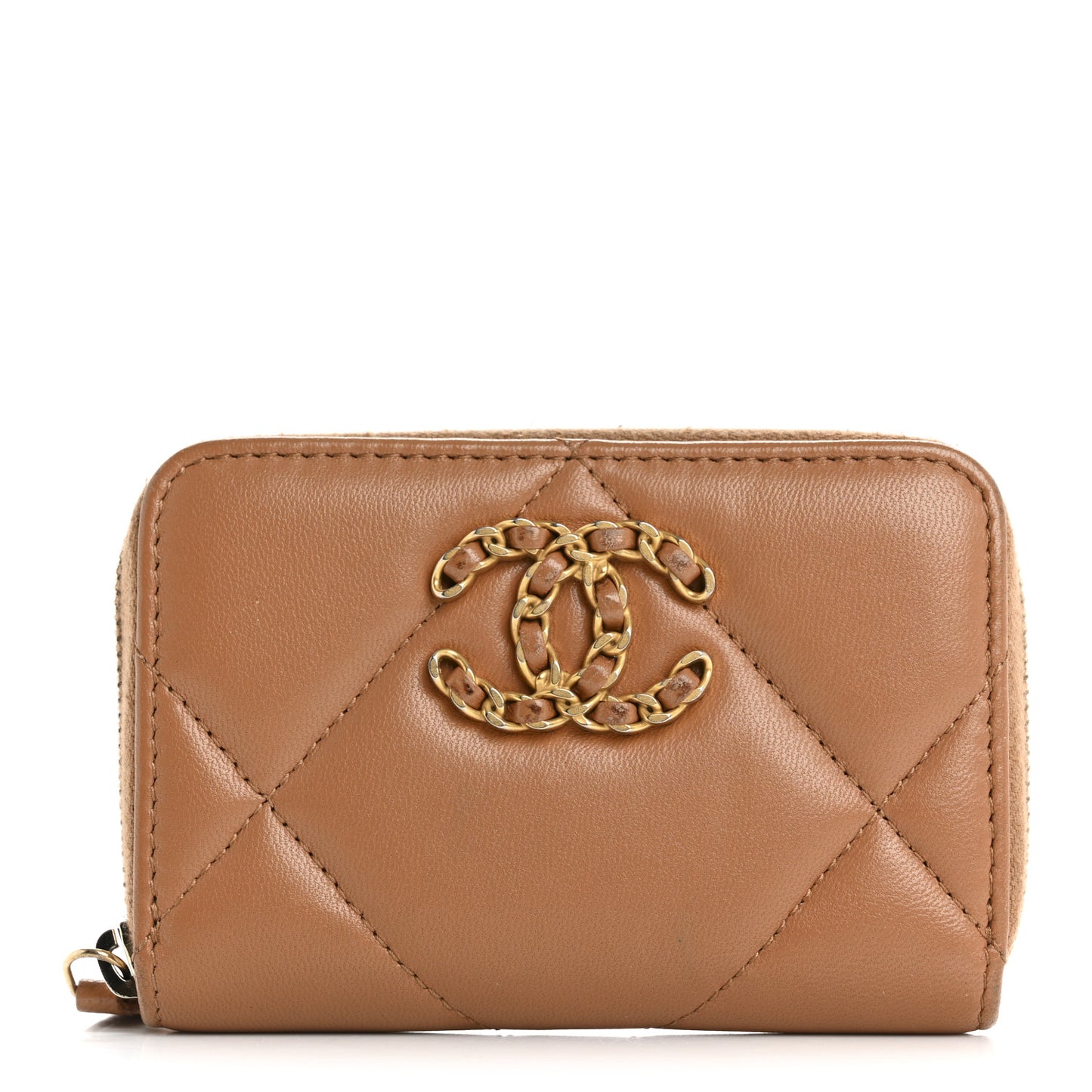Lambskin Quilted Chanel 19 Zip Around Coin Purse Wallet Brown