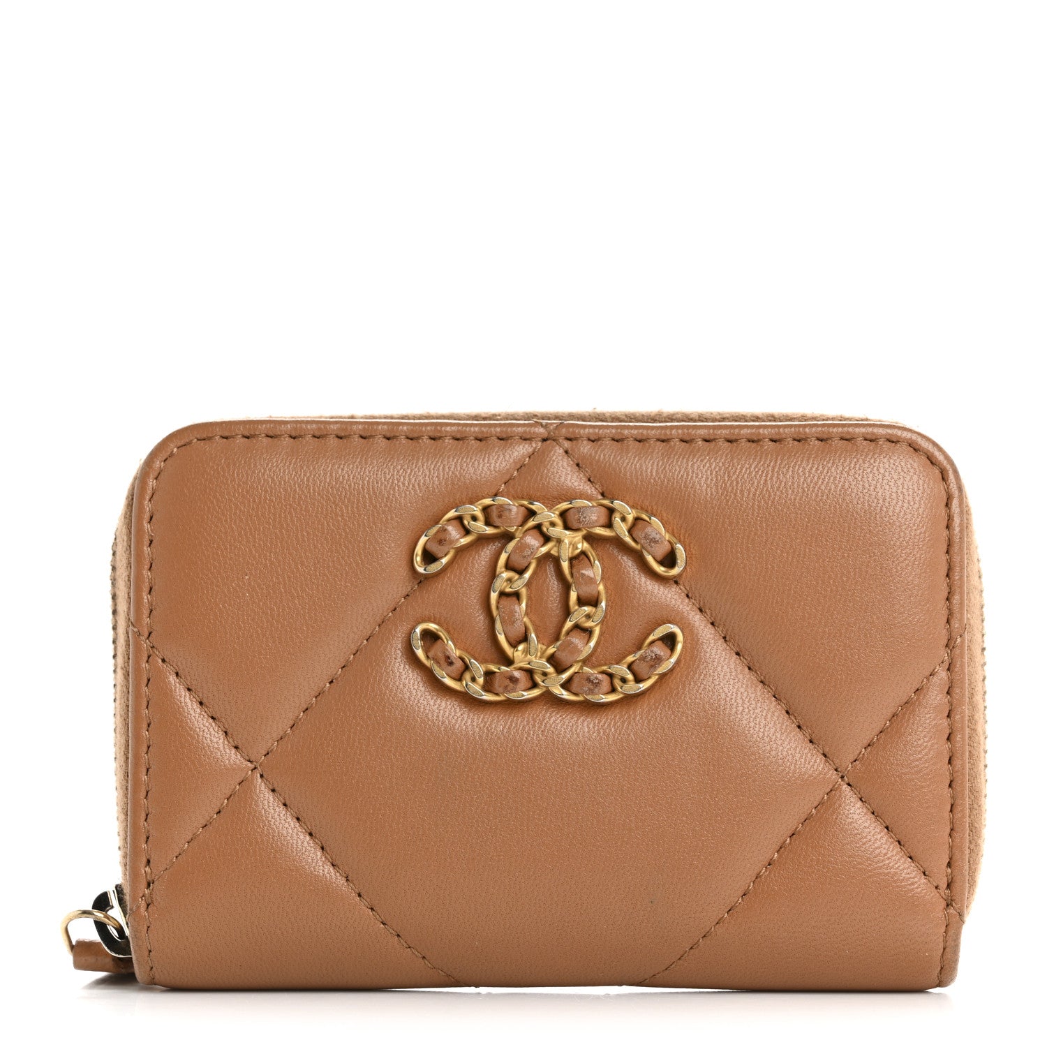 Chanel Lambskin Quilted Chanel 19 Zip Around Coin Purse Wallet Brown 1 of 12