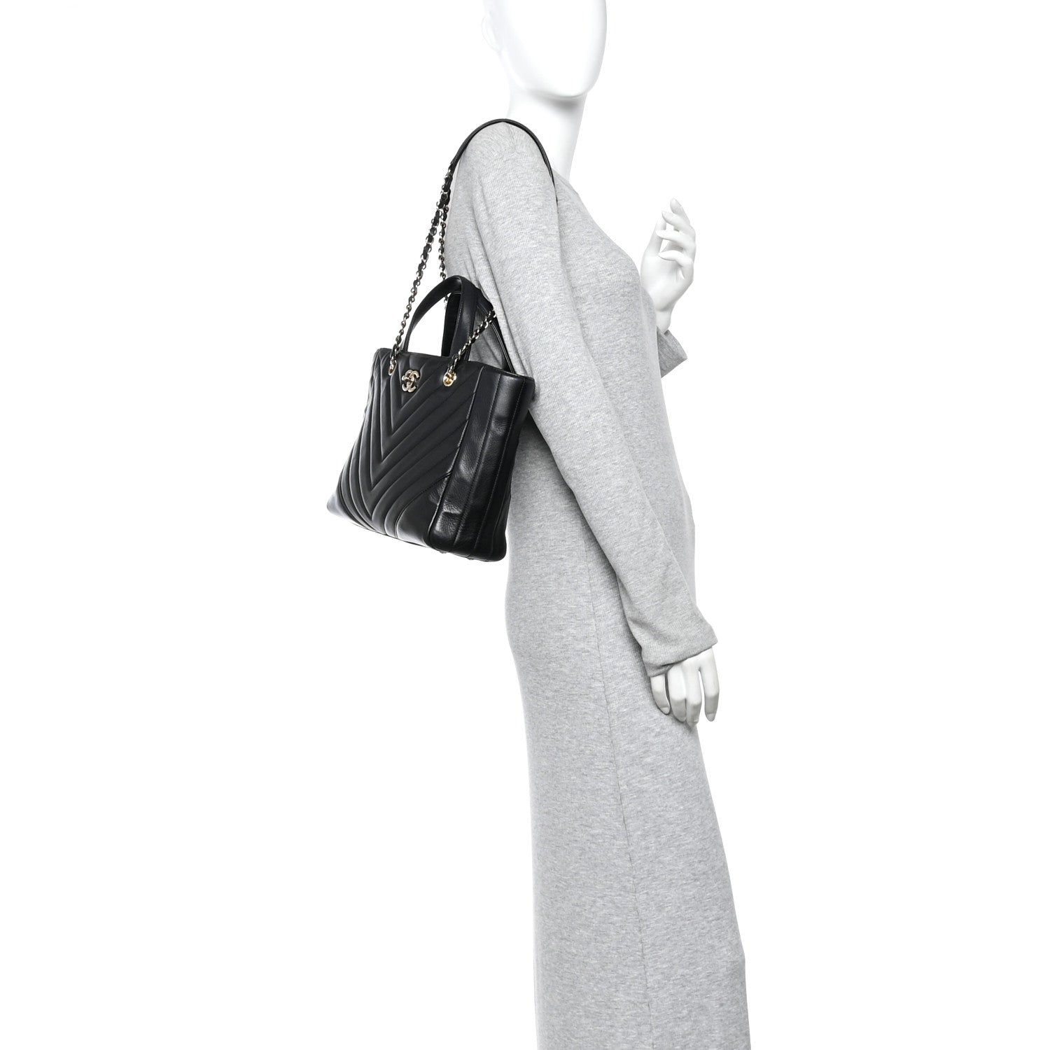 Chanel Calfskin Chevron Quilted Statement Shopping Tote Black 2 of 11