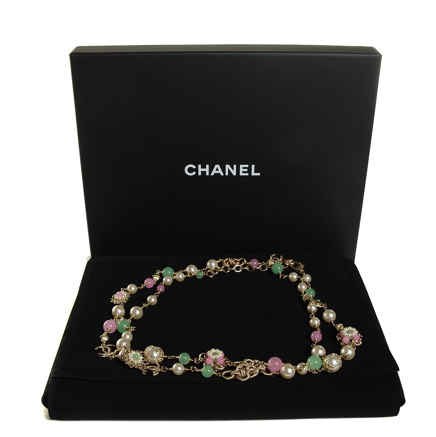 Pearl Camellia CC Long Necklace Gold Pink Green