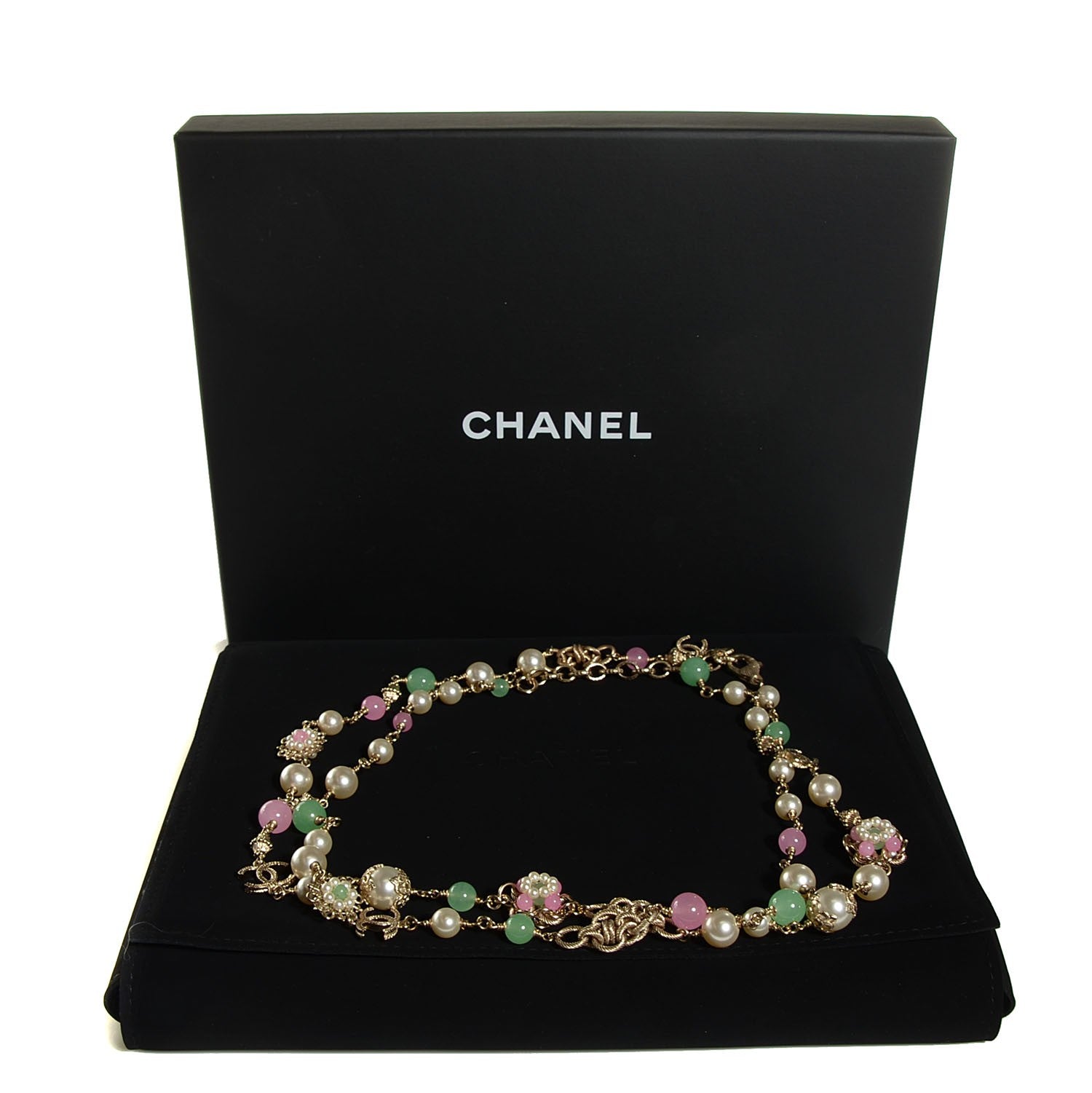 Chanel Pearl Camellia CC Long Necklace Gold Pink Green 3 of 6