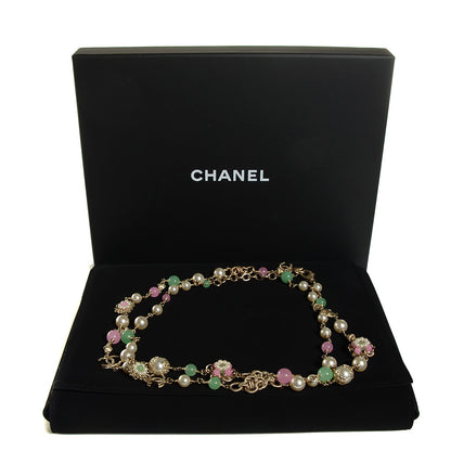 Chanel Pearl Camellia CC Long Necklace Gold Pink Green 3 of 6
