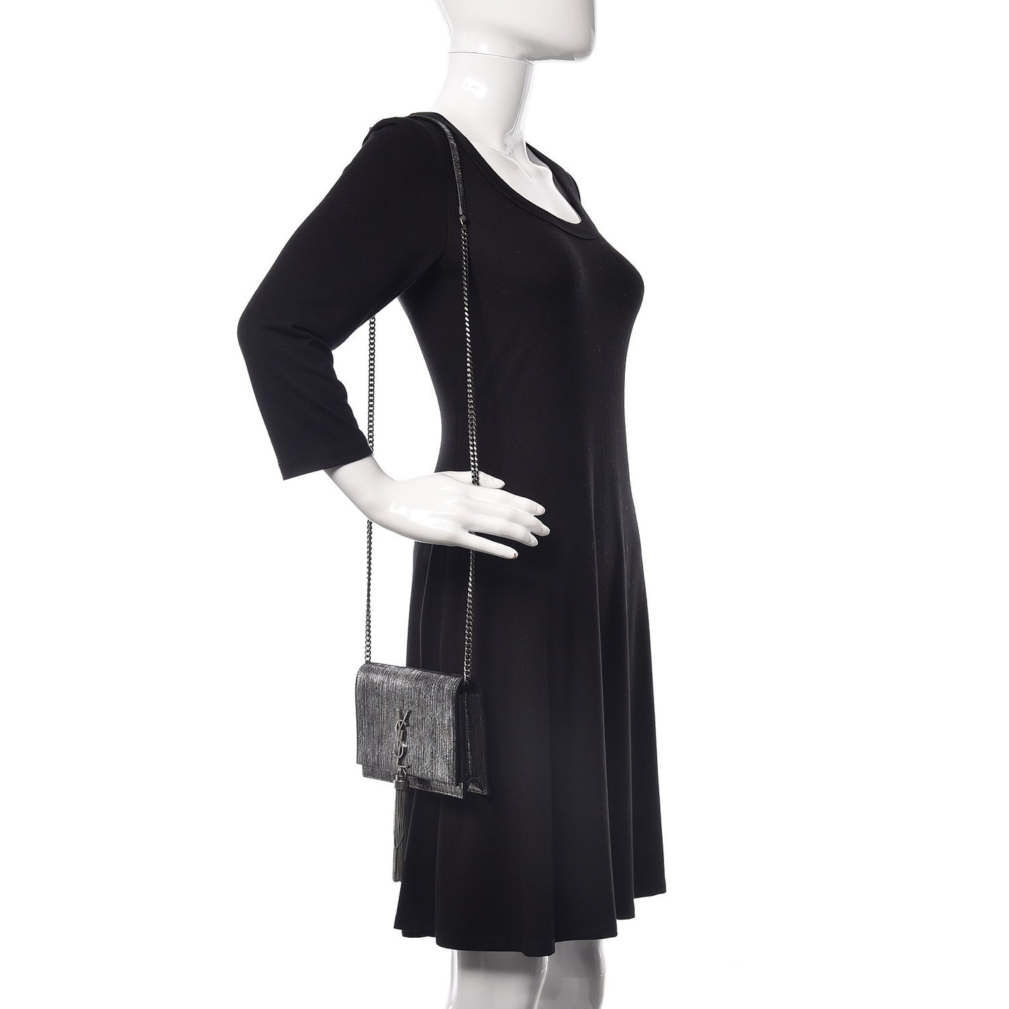 Metallic Suede Classic Monogram Kate Tassel Chain Wallet Black Silver