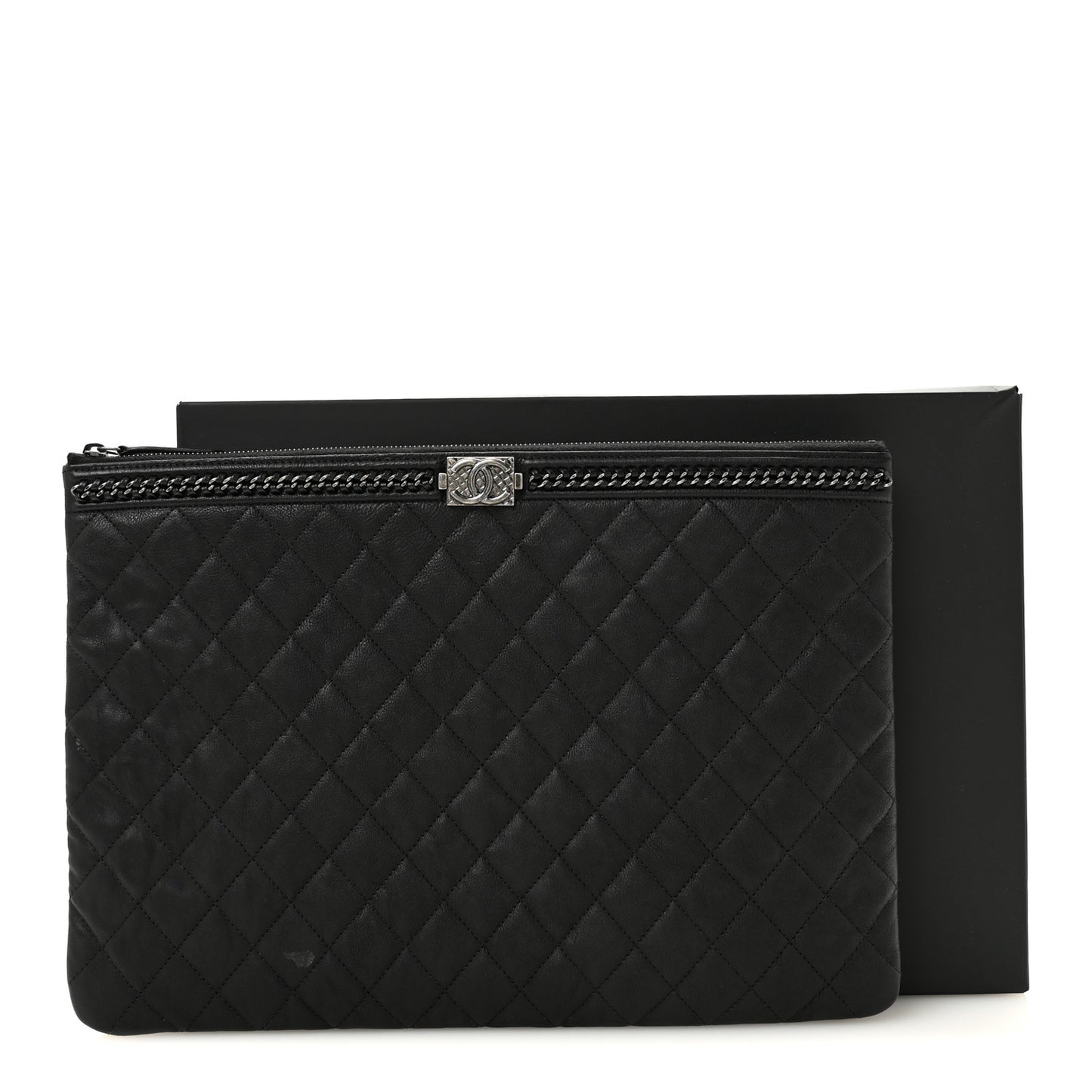 Calfskin Quilted Large Boy Chain Around Cosmetic Case Black