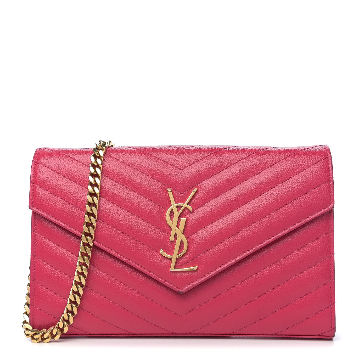 Saint Laurent Grain De Poudre Matelasse Chevron Monogram Chain Wallet Hot Pink 1 of 10