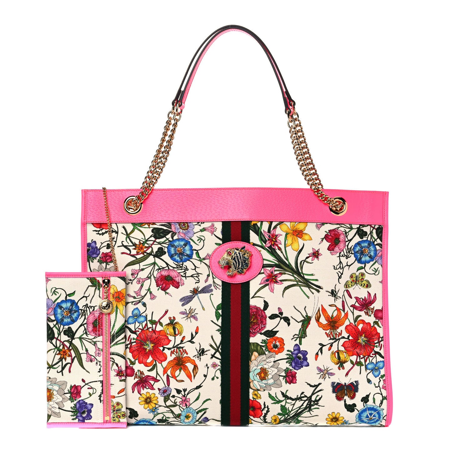 Canvas Flora Large Rajah Chain Tote White Multicolor Fuxia Fluo