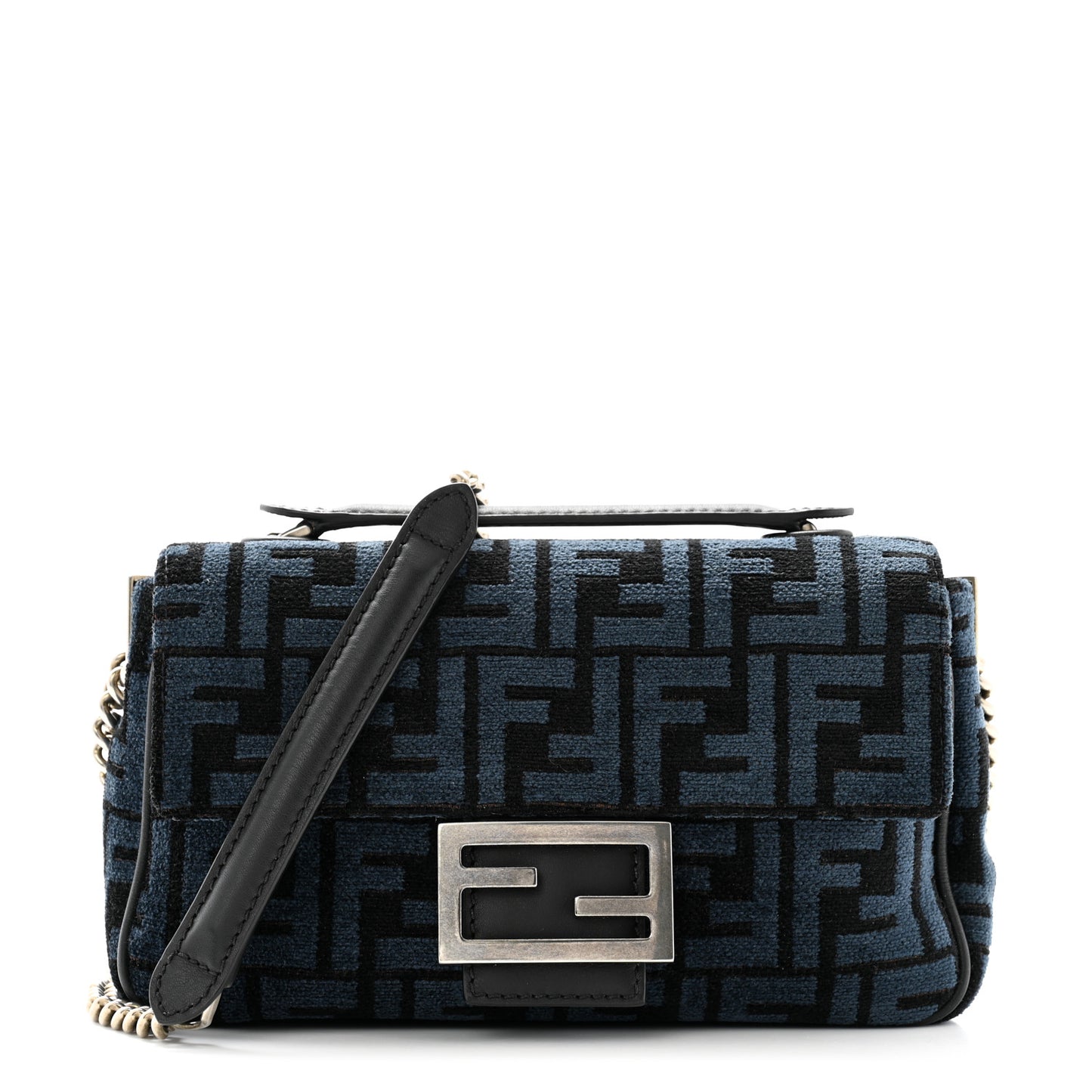 Chenille Vitello Seta FF Midi Chain Baguette Blue Black