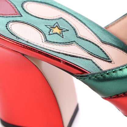 Gucci Metallic Nappa Crossover Mid Heel Slide Sandals 38 Green Flame Red 9 of 10