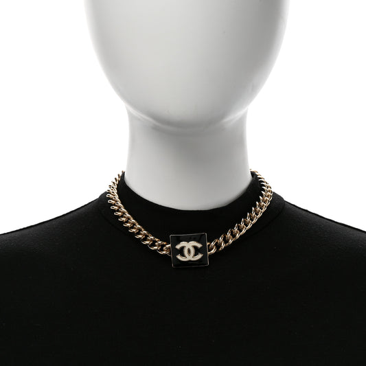 Metal Enamel CC Square Choker Gold Black White