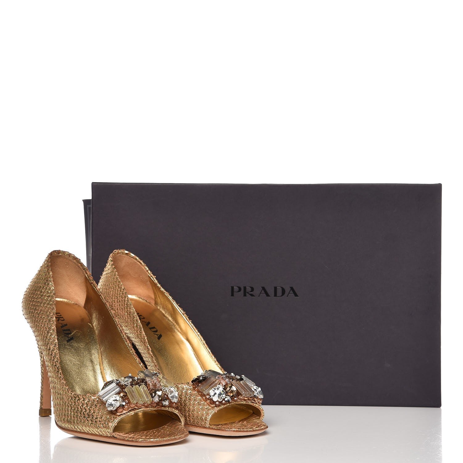 Prada Metallic Snakeskin Crystal Peep Toe Pumps 37 Gold 14 of 14