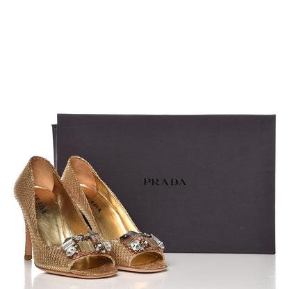 Prada Metallic Snakeskin Crystal Peep Toe Pumps 37 Gold 14 of 14